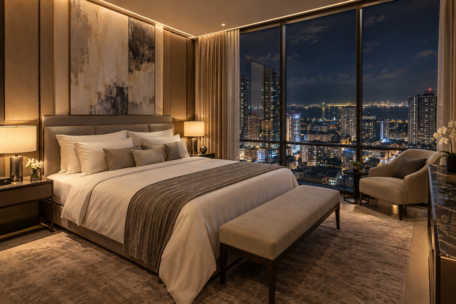 Generated illustration of a penthouse bedroom